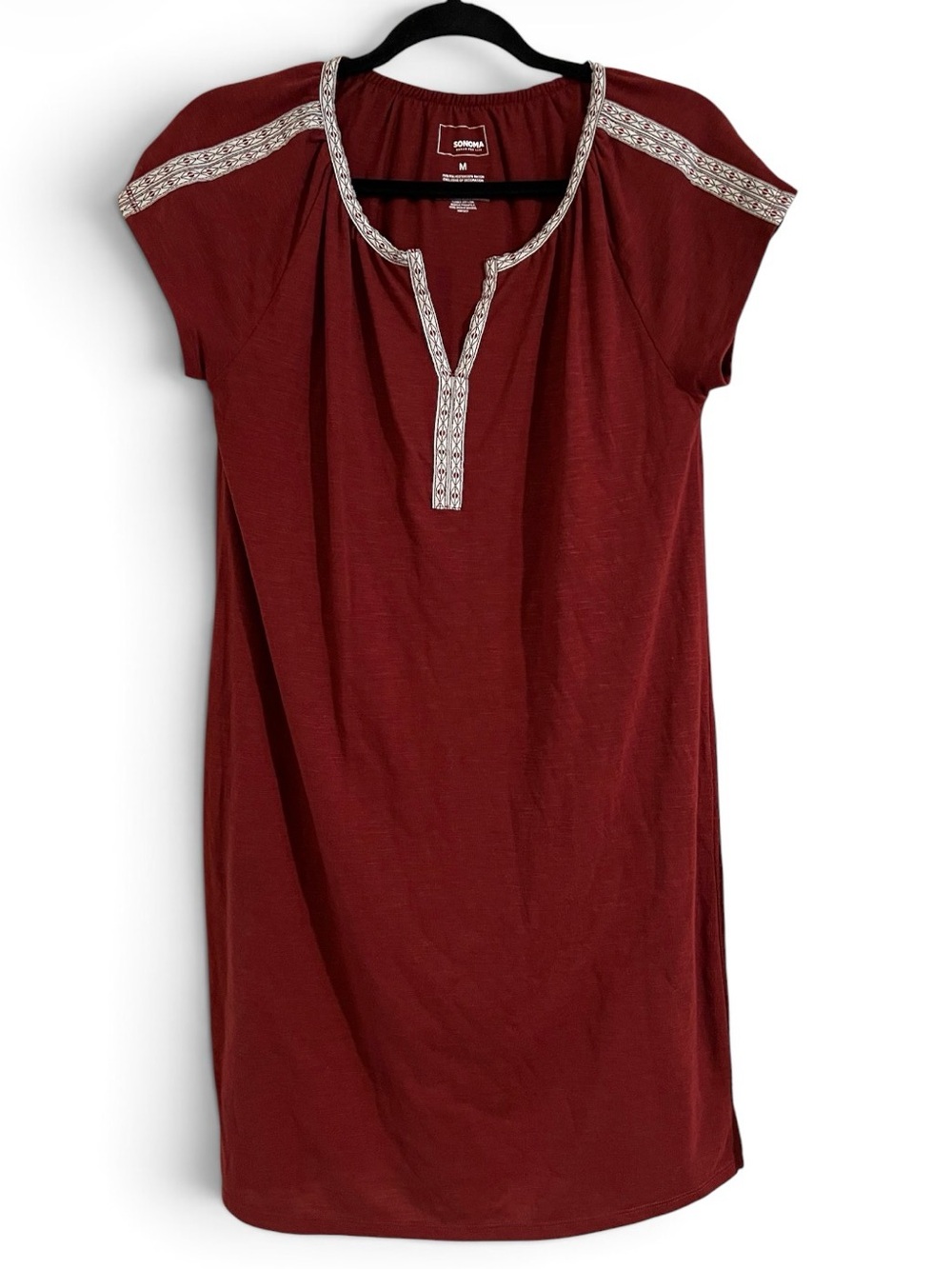 Sonoma Women's Burgundy Embroidered Split-Neck Dress